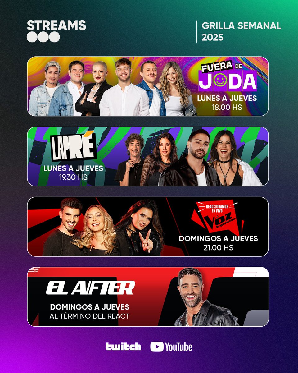 telefe's tweet image. Programación semanal de #StreamsTelefe 🔵🟢🔴
Domingo a jueves desde las 18hs por Youtube 🫵
💥 18:00hs | #FueraDeJoda con @nachoo_cp, @FuriaScaglione, @fedeebongiorno, @KennysPalacios, @lsaifir y Luchi Patrone
🍻 19:30hs | #Lapré con @gregorossello, @kndmolfese, @toritavillar…