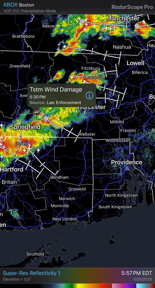 ReadCarlos's tweet image. A line of thunderstorms with reported wind damage are moving into Northwestern Rhode Island.