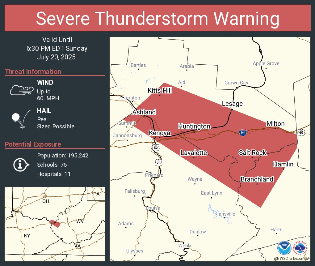 NWSCharlestonWV's tweet image. Severe Thunderstorm Warning including Huntington WV, Ashland KY and Westwood KY until 6:30 PM EDT