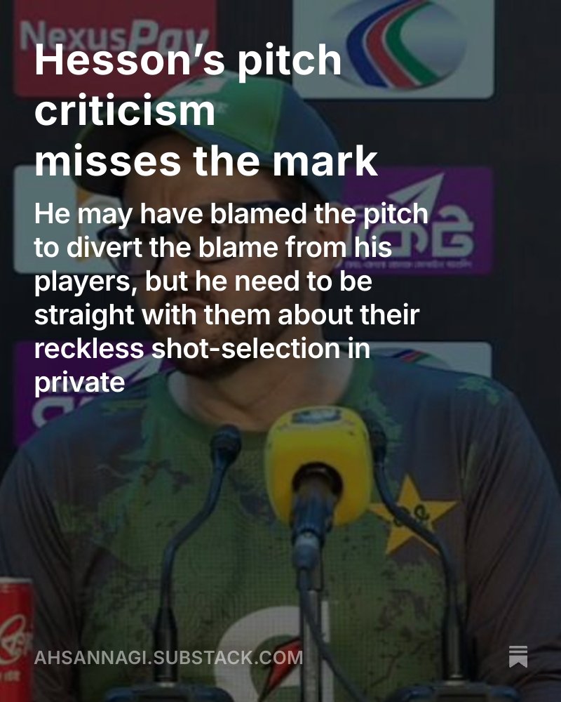 ahsannagi's tweet image. There is not much room to blame the pitch when your batters throw their wickets 

Read - open.substack.com/pub/ahsannagi/…

#banvpak
