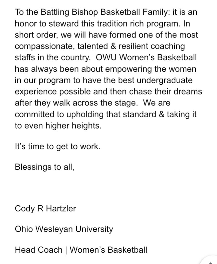 Tomorrow is the official start of a new journey for the Hartzler Family. Grateful to join the staff <a href="/OhioWesleyan/">Ohio Wesleyan University</a> and compete in the prestigious <a href="/NCAC/">NCAC</a> 

Read my “official statement” below ⬇️