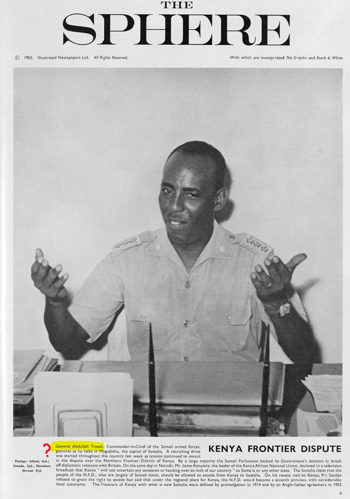 walaalwhoops's tweet image. Going through old newspapers and magazines from the early 1960s and came across this photo of what I'm 99.99% sure is Siyad Barre - but the caption has him labelled as "General Abdullah Treesh"...is there some sort of nickname I'm not aware of, or is this just wildly mislabeled?