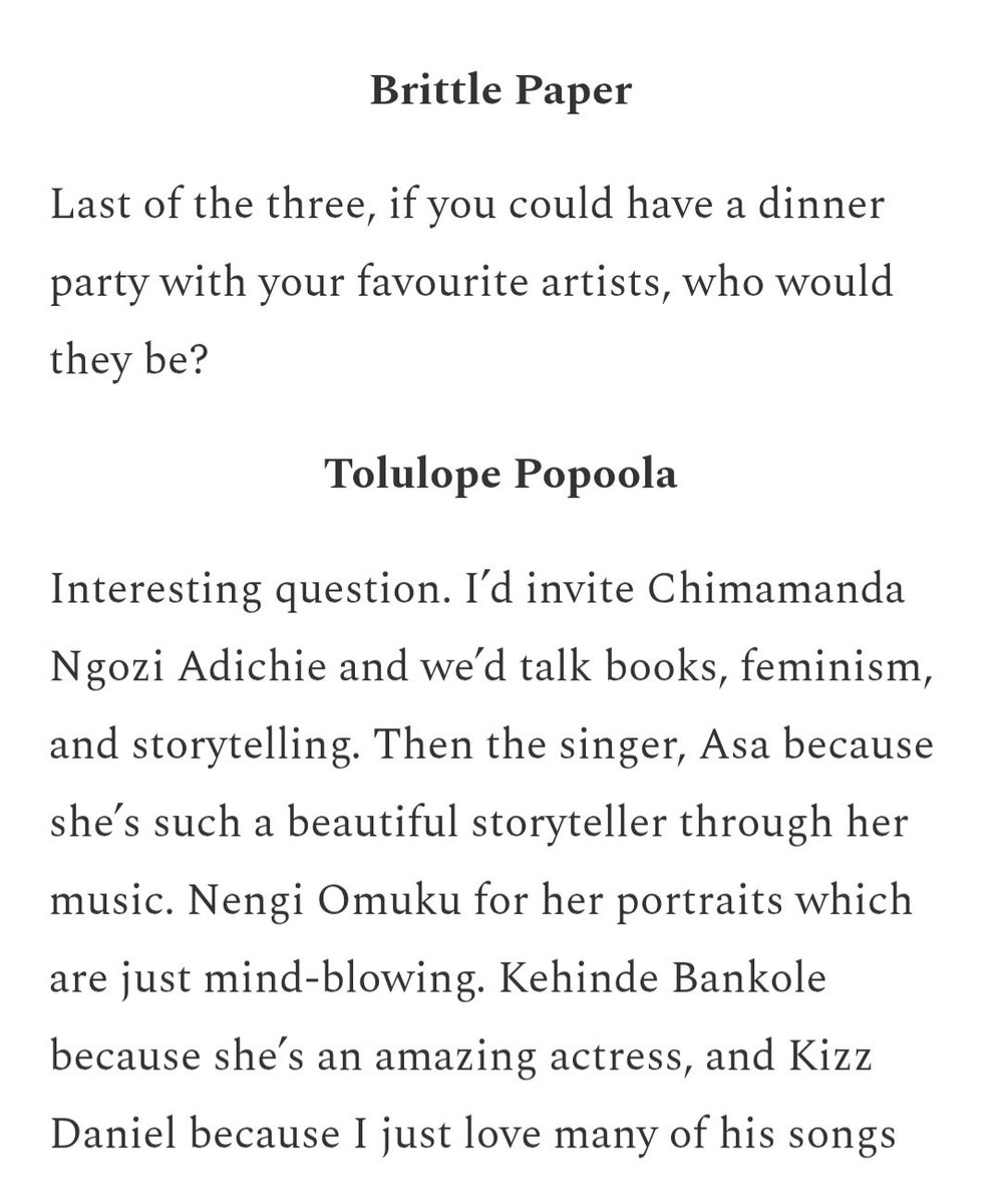 TolulopePopoola's tweet image. Snippet from my interview with @brittlepaper 😄