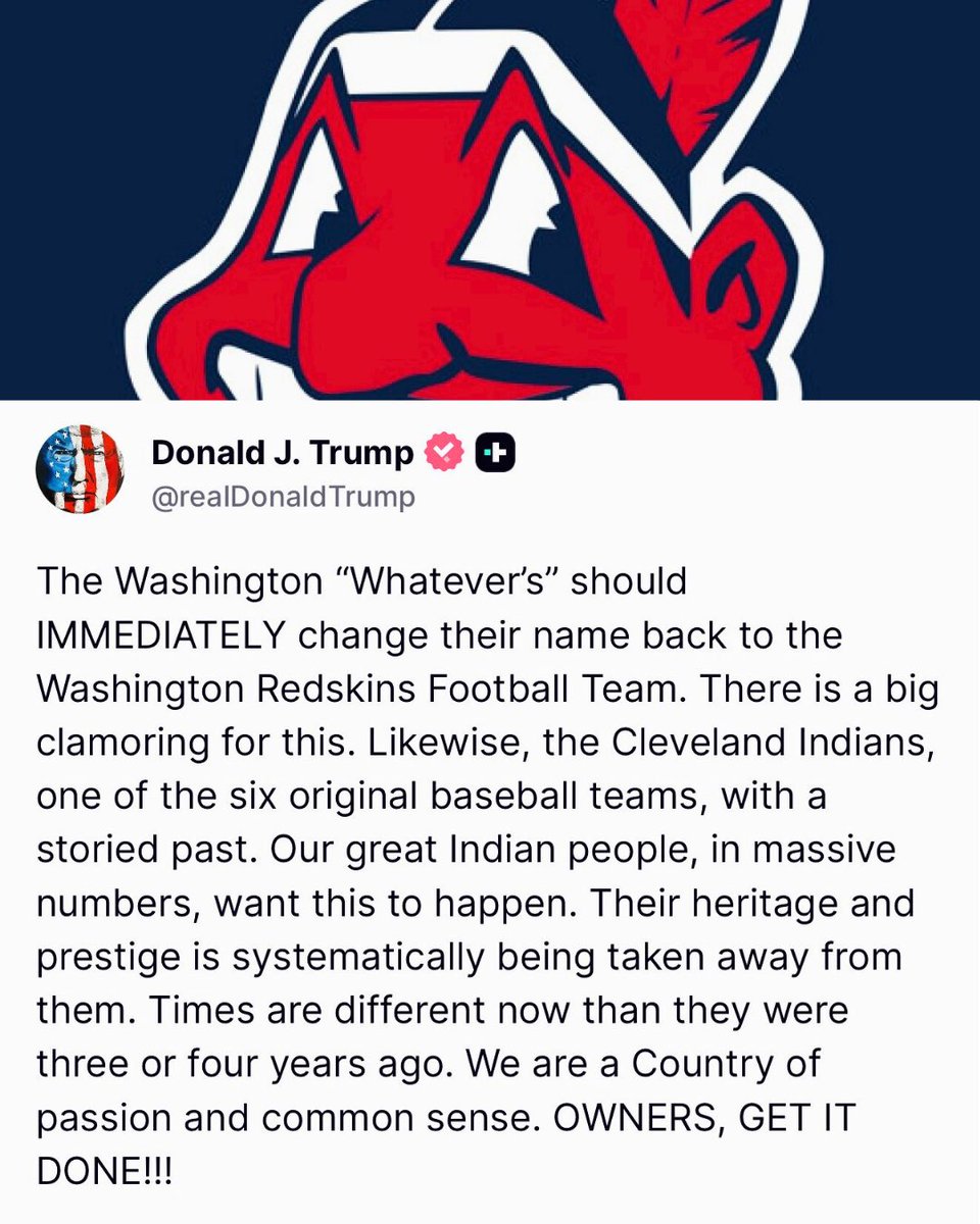 thedawgspodcast's tweet image. This post from President Trump is going viral. Do you think the Guardians should change their name back to the Cleveland Indians?