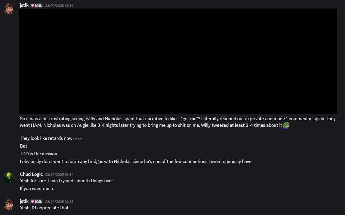 IrrationalChad's tweet image. Saw a clip floating around of JSTLK claiming I asked him to stop a fighting Willy Mac/commentary people a few months ago, this is totally false. I offered to try and smooth things over when he said to me he didn't want to burn a bridge. See below.
