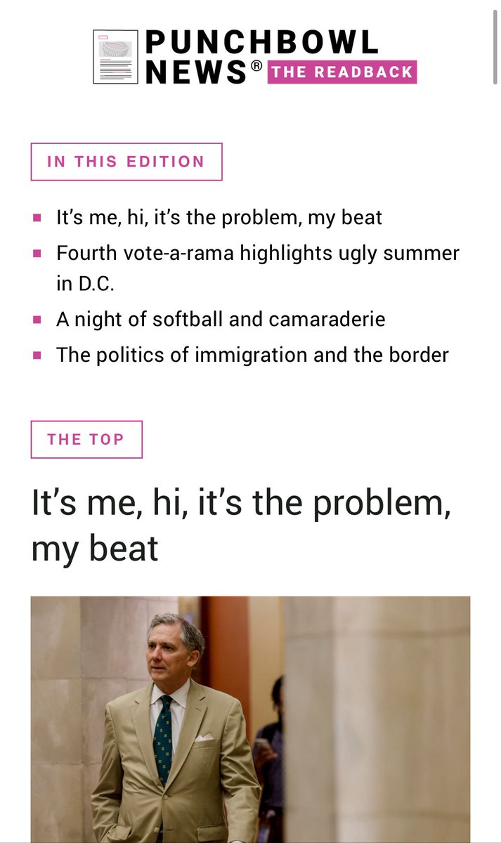 heatherscope's tweet image. If you’re not reading The Readback on Saturdays, you’re really missing out.
Such a good behind-the-scenes, notebook deep dive of the week that was on Capitol Hill.
Plus, the headlines. How can you compete with this @BrendanPedersen one?!?
punchbowl.news/archive/72025-…