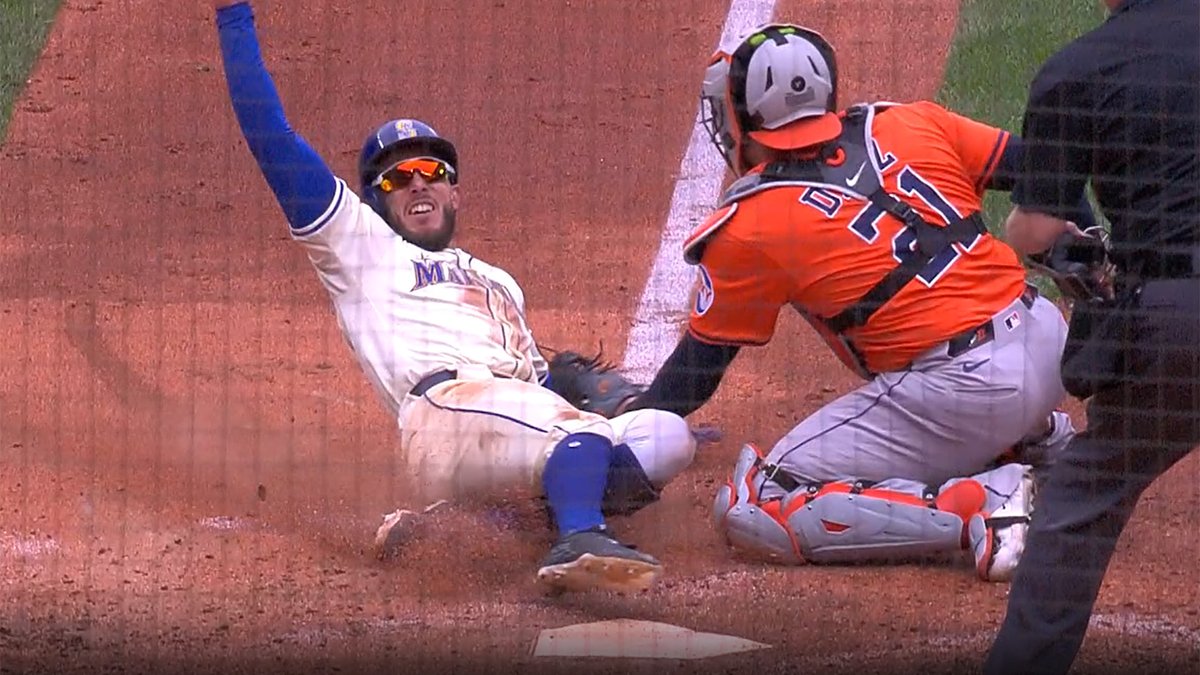 DKramer_'s tweet image. The Mariners nearly got a run back with two outs here in the 6th inning, but Miles Mastrobuoni is thrown out at the plate attempting to score from first base on a double into the left-center gap from J.P. Crawford.
He was initially ruled safe before Houston challenged.