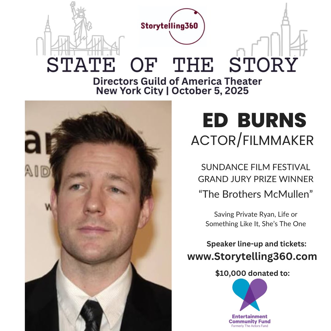 StoryTalks360's tweet image. 🌟ED BURNS🌟
Sundance Film Festival
Grand Jury Prize Winner
THE STATE OF THE STORY CONFERENCE
Directors Guild Theater (NY)
OCT 5TH
🎟️ TICKETS & INFO:
Storytelling360.com
#screenwriting #script #film #indiefilm #actor #actorslife #nyc #newyork #WritingCommunity #writer