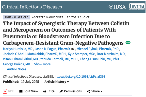 AliSMV7's tweet image. The Impact of Synergistic Therapy Between Colistin and Meropenem on Outcomes of Patients With Pneumonia or Bloodstream Infection Due to Carbapenem-Resistant Gram-Negative Pathogens
🔺Is colistin + meropenem a not closed discussion?
doi.org/10.1093/cid/ci…