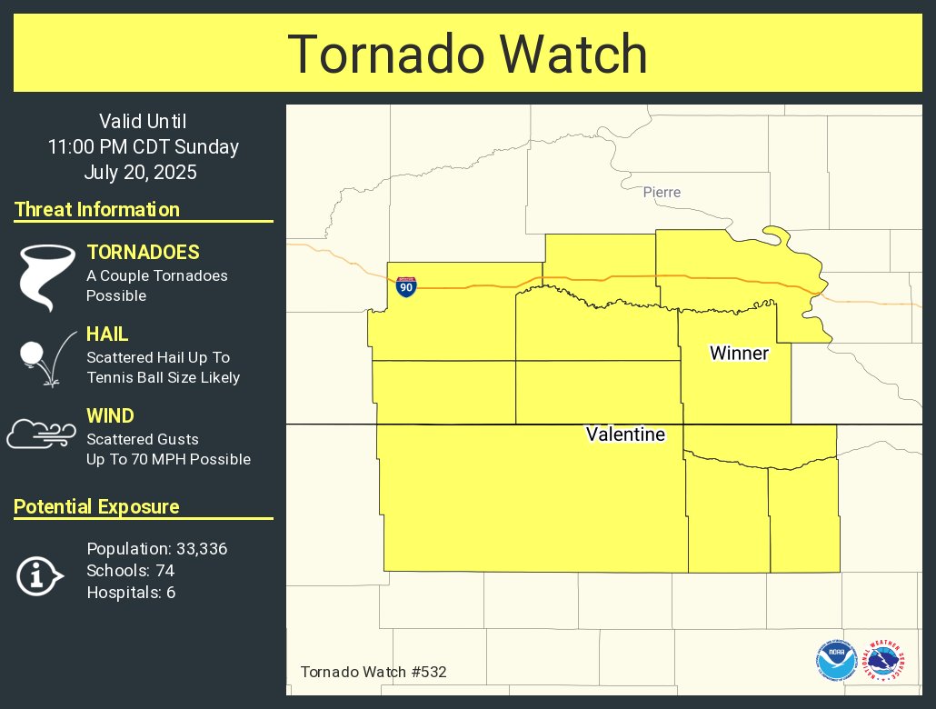 A tornado watch has been issued for parts of Nebraska and South Dakota until 11 PM CDT