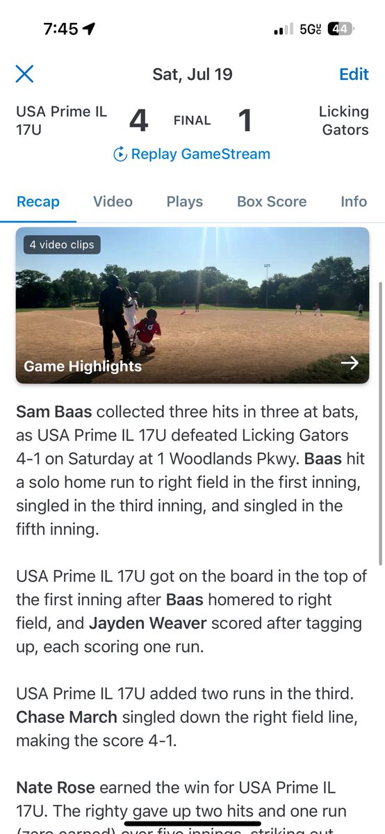 Sam Baas (@sjbaas40) on Twitter photo Another good weekend at the plate unfortunately no video because of a overheated camera
3-7
1 HR
2 BB
1 RBI
2R
<a href="/DavidHidden4/">David Hidden Jr.</a> <a href="/PrimeIllinois/">USA Prime Illinois Baseball</a> <a href="/ivcbaseball/">IVC Baseball</a> <a href="/BUncommitted/">Baseball_Uncommitted</a> Another good weekend at the plate unfortunately no video because of a overheated camera
3-7
1 HR
2 BB
1 RBI
2R
<a href="/DavidHidden4/">David Hidden Jr.</a> <a href="/PrimeIllinois/">USA Prime Illinois Baseball</a> <a href="/ivcbaseball/">IVC Baseball</a> <a href="/BUncommitted/">Baseball_Uncommitted</a>