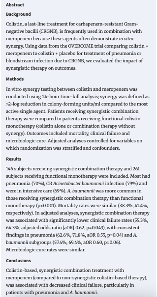 AliSMV7's tweet image. The Impact of Synergistic Therapy Between Colistin and Meropenem on Outcomes of Patients With Pneumonia or Bloodstream Infection Due to Carbapenem-Resistant Gram-Negative Pathogens
🔺Is colistin + meropenem a not closed discussion?
doi.org/10.1093/cid/ci…