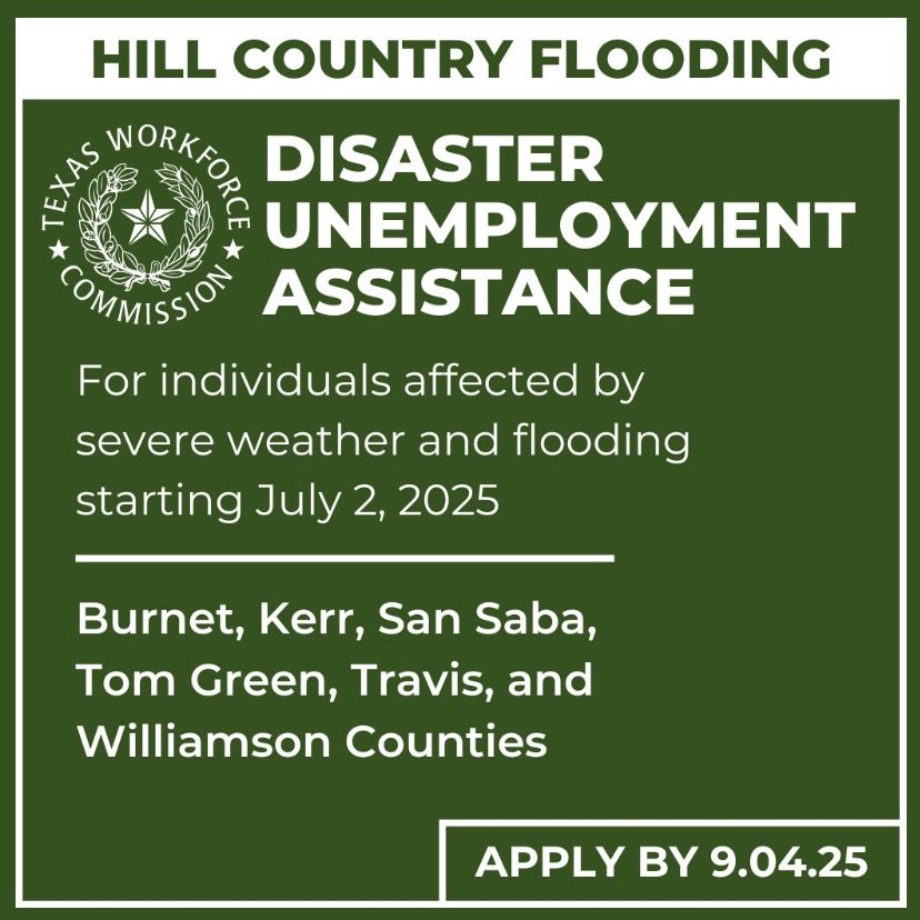 GovAbbottPress's tweet image. Did the recent floods across Texas impact your employment status?
Call (800) 939-6631 or apply online for Disaster Unemployment Assistance
bit.ly/44EXhnp
Texas will continue to support hardworking Texans as they recover.