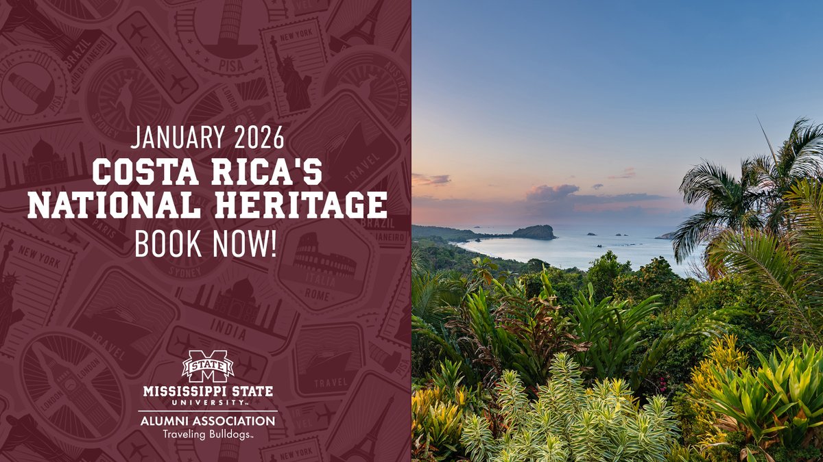 MSStateAlumni's tweet image. What better way to start off 2026 than with a tropical escape? 🇨🇷🏝️
Book your spot now on the Traveling Bulldogs' 11-day tour of Costa Rica in January 2026!
🔗 dda.msstate.edu/file/Mississip…