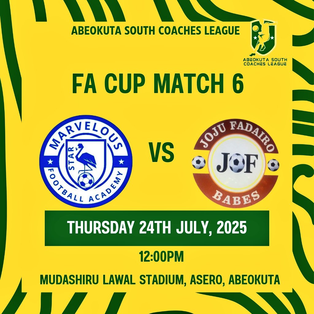AbkSouthLeague1's tweet photo. 🚨Abeokuta South Coaches League 2025 FA CUP (KNOCKOUT STAGE)
THURSDAY FIXTURES
#ASCL25 #ASCLFACUP25 #Grassrootfootball #Ogunstatefootball https://t.co/MWpkdjlNNp