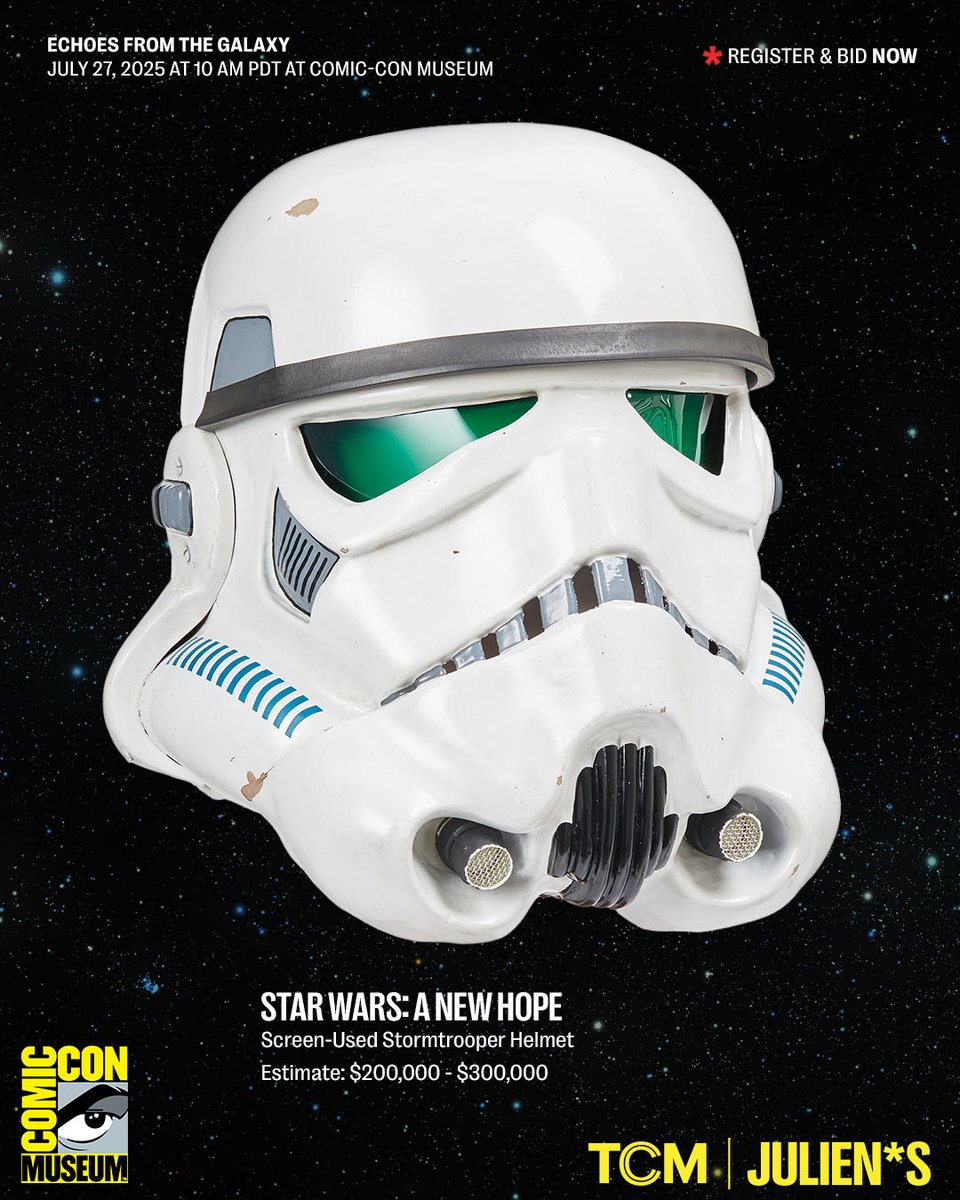 JuliensAuctions's tweet image. In just one week, @TCM & Julien's "Echoes from the Galaxy" kicks off its LIVE auction on July 27, 2025 from the Comic Con Museum in San Diego. This is your chance to own a piece of Star Wars history with nearly 300 rare props, artworks, costumes, and collectibles from across the…