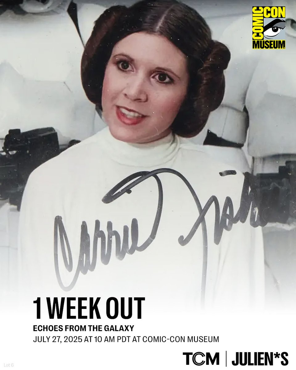 JuliensAuctions's tweet image. In just one week, @TCM & Julien's "Echoes from the Galaxy" kicks off its LIVE auction on July 27, 2025 from the Comic Con Museum in San Diego. This is your chance to own a piece of Star Wars history with nearly 300 rare props, artworks, costumes, and collectibles from across the…