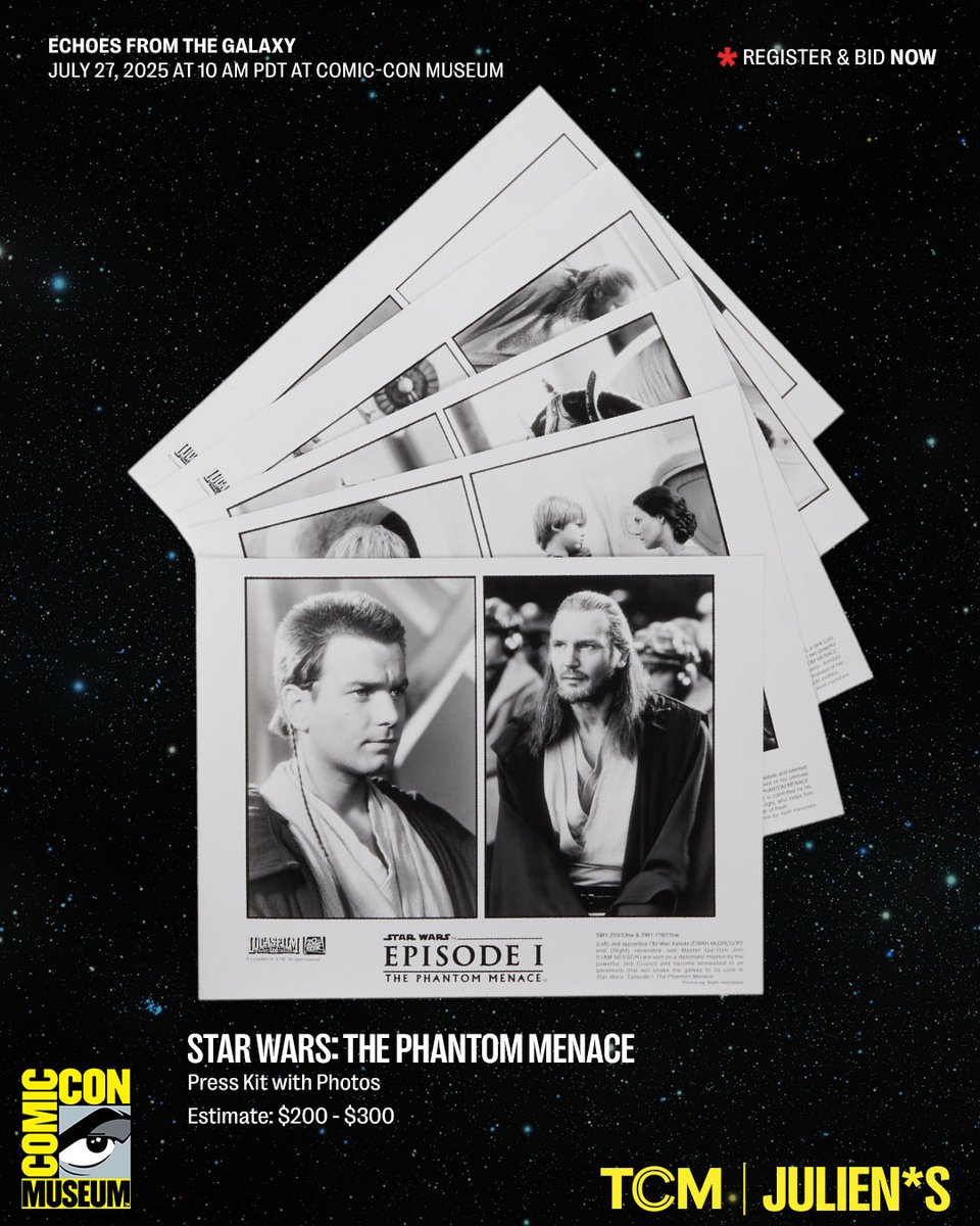 JuliensAuctions's tweet image. In just one week, @TCM & Julien's "Echoes from the Galaxy" kicks off its LIVE auction on July 27, 2025 from the Comic Con Museum in San Diego. This is your chance to own a piece of Star Wars history with nearly 300 rare props, artworks, costumes, and collectibles from across the…
