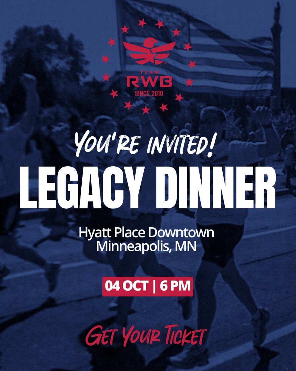 Team Red, White & Blue (@teamrwb) on Twitter photo Team RWB is turning 15 and you're invited to the celebration! Join us for our Legacy Dinner at the Hyatt in Minneapolis on 6 OCT at 1800.
The day before <a href="/tcmarathon/">Twin Cities In Motion</a>, which was the first-ever Team RWB event 15 years ago, the Legacy Dinner is a chance for Eagle Nation to come Team RWB is turning 15 and you're invited to the celebration! Join us for our Legacy Dinner at the Hyatt in Minneapolis on 6 OCT at 1800.
The day before <a href="/tcmarathon/">Twin Cities In Motion</a>, which was the first-ever Team RWB event 15 years ago, the Legacy Dinner is a chance for Eagle Nation to come