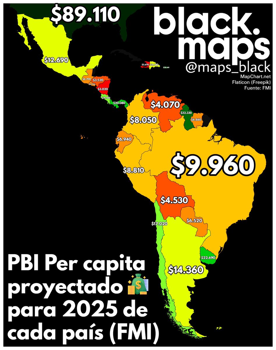 PBI per capita por país proyectado para 2025 (FMI)