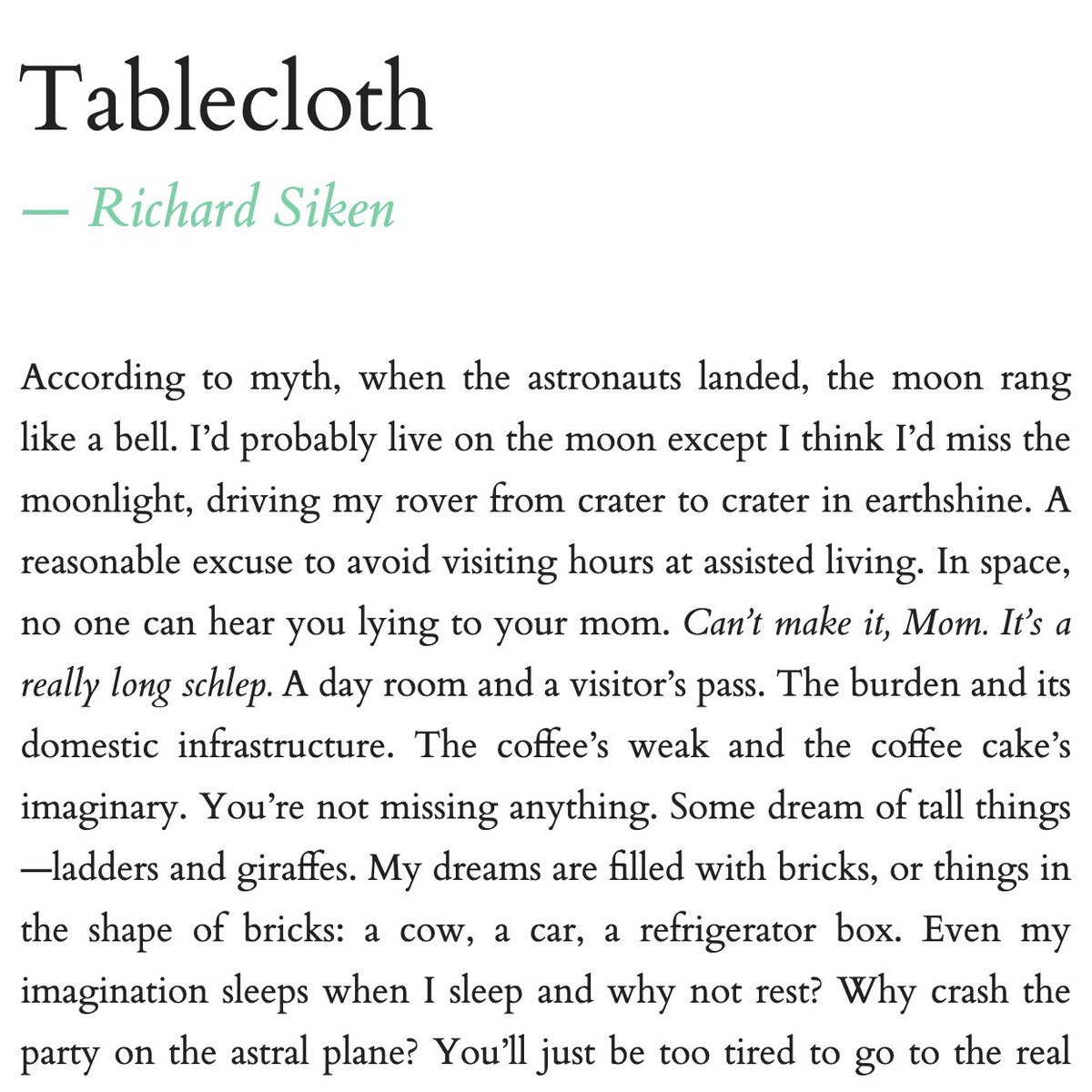 richardsiken's tweet image. This poem is too long. It would take all day to read. It doesn't fit in a screen shot. It is the longest poem there is. You will have to click the link. readwildness.com/38/siken-table…