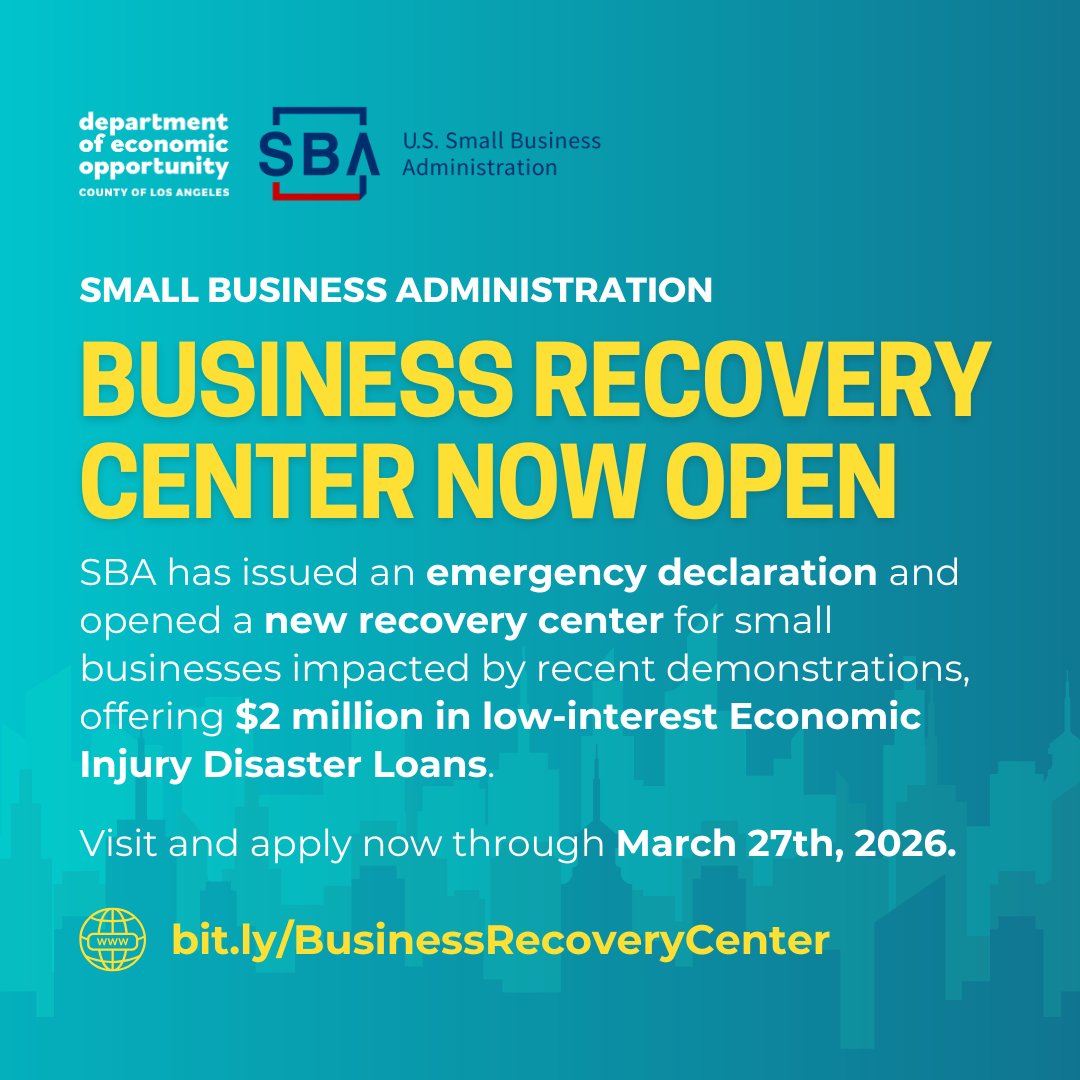 EconOppLA's tweet image. The @sbagov has opened a business recovery center to assist small businesses affected by the recent demonstrations in Los Angeles. Eligible businesses can now apply for up to $2 million in low-interest Economic Injury Disaster Loans.
Visit here: bit.ly/BusinessRecove….