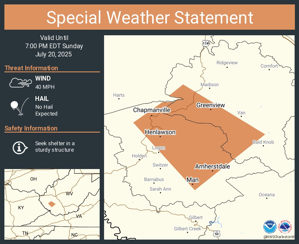 NWSCharlestonWV's tweet image. A special weather statement has been issued for Chapmanville WV, Man WV and Kistler WV until 7:00 PM EDT