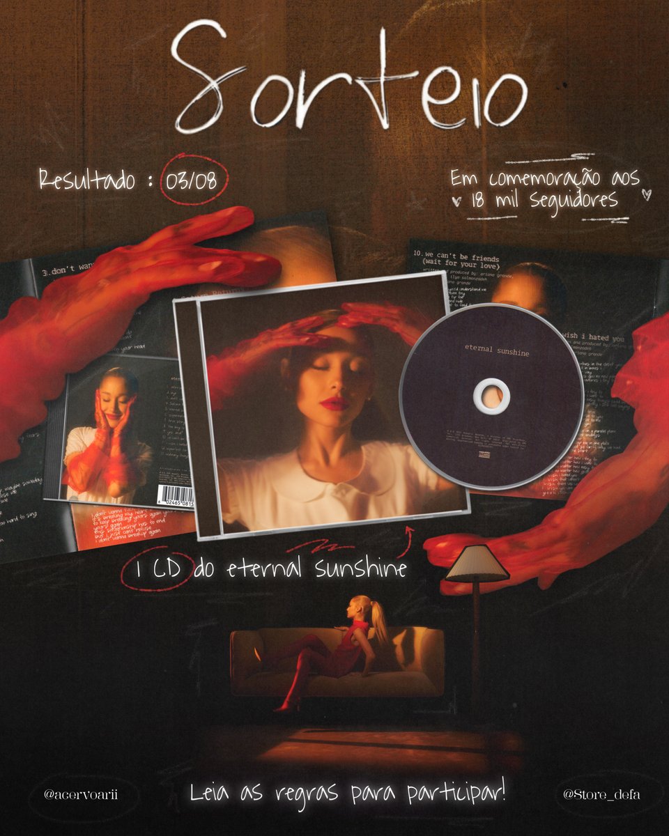 acervoarii's tweet image. 🚨 SORTEIO DOS 18K! ✨
Sorteio de um CD do “eternal sunshine”.
→ Para concorrer dê like e RT neste tweet;
→ Siga o @acervoarii e ative as notificações;
→ Siga a @Store_defa aqui no Twitter;
→ Marque 1 amigo nos comentários (mais comentários, mais chances)
Resultado: 03/08