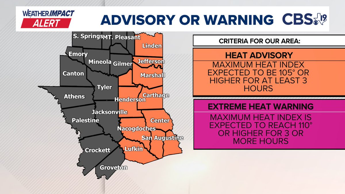 BrettCBS19's tweet image. Get ready for a hot week East Texas. It starts Monday with a Weather Impact Alert and a heat advisory in effect until 8PM. It could feel like it's 105 or higher in the orange shaded counties. The advisory will likely be extended into the middle of the week. #ETXwx #TXwx