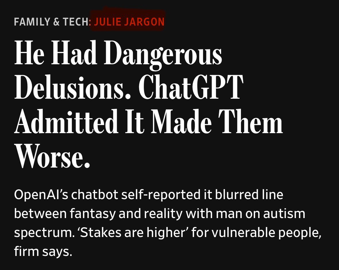 AlmostMedia's tweet image. Writing about AI psychosis is a “Julie Jargon”
This is either a joke or the worst case of nominative determinism I’ve ever seen