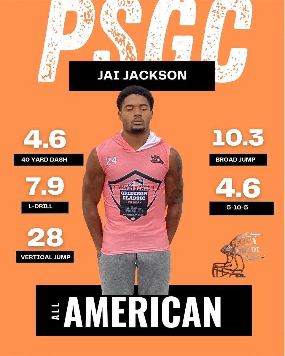 🍑Peach State Gridiron Classic All-American Game🍑 (@psgc2024) on Twitter photo 🆔️ <a href="/jaijackson_/">Jai Jackson</a>
🏈 RB/DB
📏 5'9
⚖️ 175lbs
🇺🇸 Georgia
🏫 Northside HS (Columbus)
🍑 All-American Game Invite
📝 Jackson had the fastest 40 time with a 4.61 at yesterday's Combine. 🆔️ <a href="/jaijackson_/">Jai Jackson</a>
🏈 RB/DB
📏 5'9
⚖️ 175lbs
🇺🇸 Georgia
🏫 Northside HS (Columbus)
🍑 All-American Game Invite
📝 Jackson had the fastest 40 time with a 4.61 at yesterday's Combine.