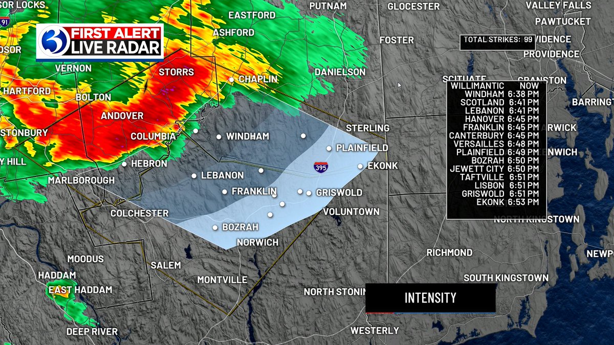 WeatherJosh's tweet image. Severe Thunderstorm Warning extended to include parts of New London county. Damaging winds, frequent lightning, and heavy rain are likely. #FirstAlert
