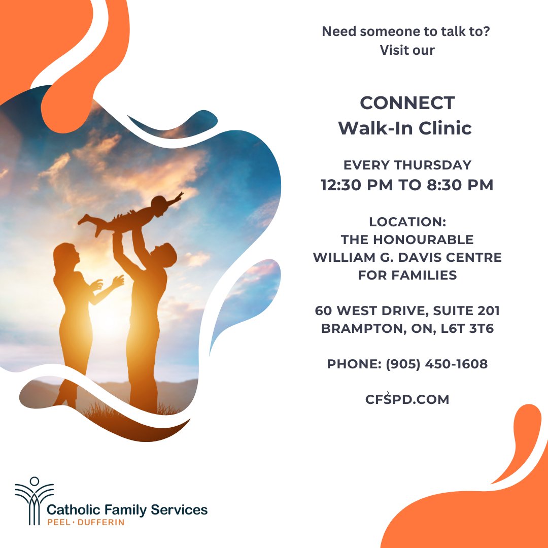 CONNECT Walk-In Clinic – New Hours!
Need guidance or a listening ear? We’re here to support you! Visit our CONNECT Walk-In Clinic every Thursday, now open from 12:30 PM to 8:30 PM (last visit by 6:30 PM). No appointment needed—just drop in!