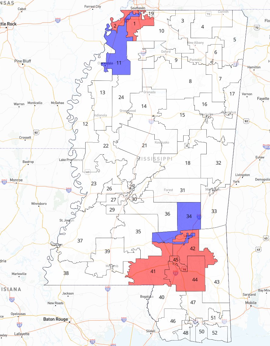 Uncrewed's tweet image. Thanks to court-ordered redistricting, the following Mississippi legislative districts will be up in special elections in November.
Dems are targeting three Harrris/R districts (SD-02, SD-45, & HD-22), while both Dem incumbents in Trump districts (SD-34 & HD-16) are uncontested!