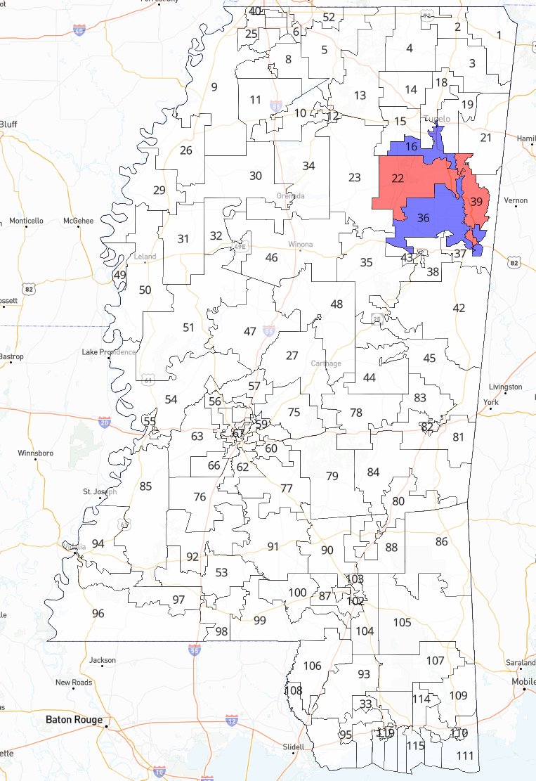 Uncrewed's tweet image. Thanks to court-ordered redistricting, the following Mississippi legislative districts will be up in special elections in November.
Dems are targeting three Harrris/R districts (SD-02, SD-45, & HD-22), while both Dem incumbents in Trump districts (SD-34 & HD-16) are uncontested!