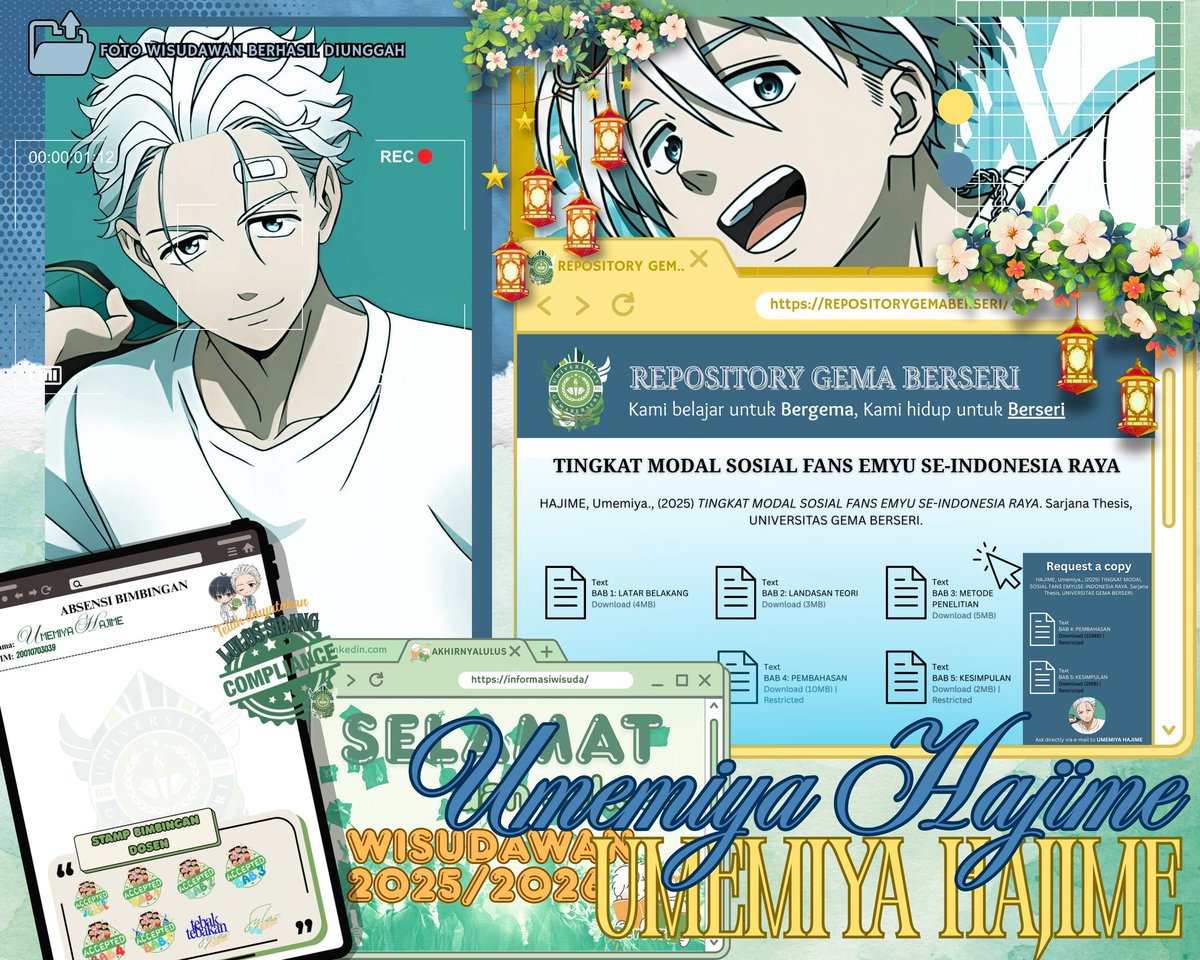 cuakwe's tweet image. Dengan ini saya, Umemiya Hajime, menyatakan bahwa saya telah menyelesaikan seluruh rangkaian proses penyusunan skripsi, mulai dari tahap awal hingga sidang akhir, dan secara resmi dinyatakan lulus dari Universitas Gema Berseri.