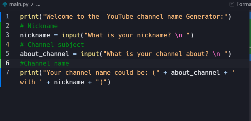 SidahmedO2's tweet image. Day 1 of learning Python ☑️
Built my first little program: a YouTube channel name generator 📺💡
It asks for your nickname + channel idea, and suggests a name in return — all inside the terminal 😎Not fancy, but I MADE it.Let’s keep going 💻🧠
#100DaysOfCode #PythonBeginner