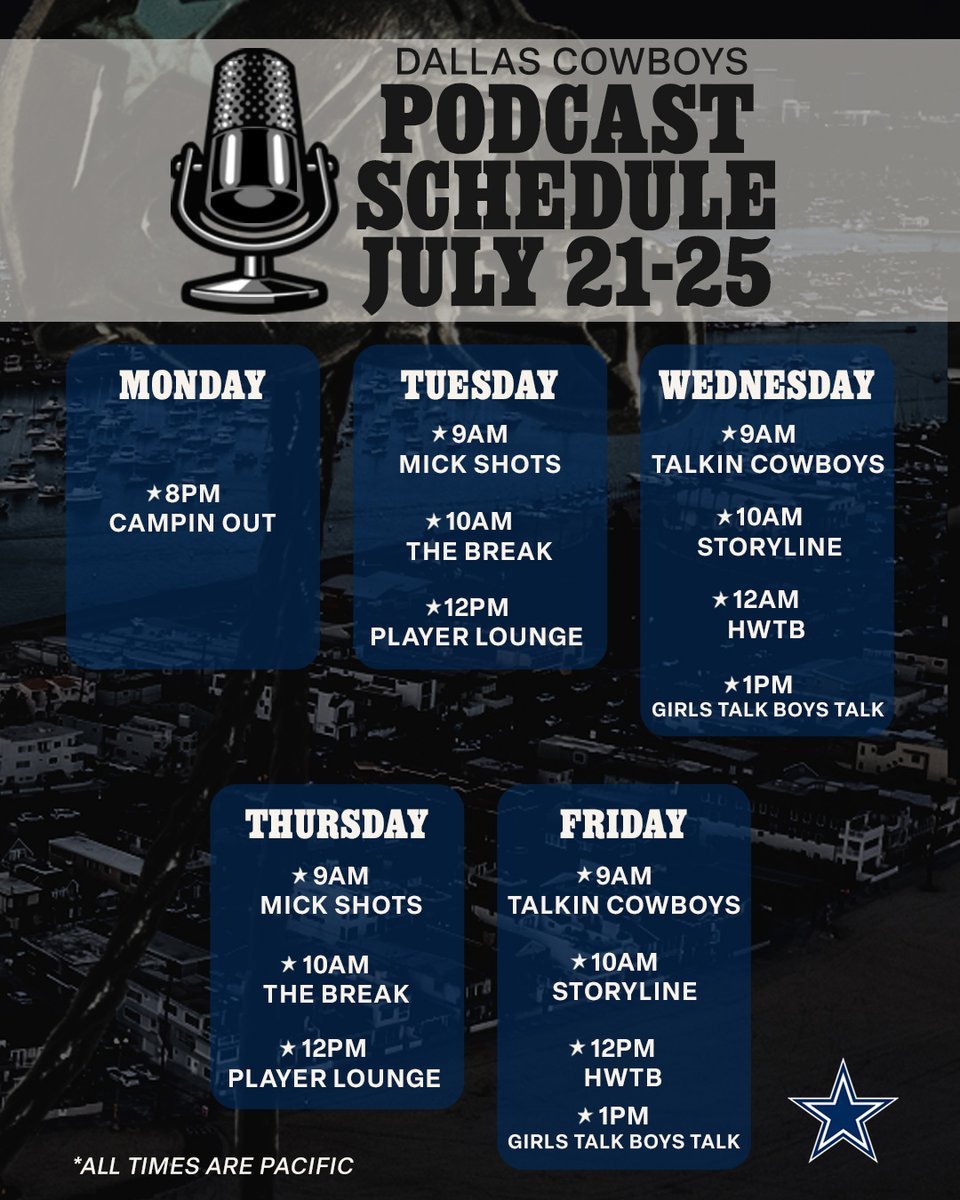 Tune in to Training Camp 🎧 

Here’s this week’s podcast schedule! Watch on DallasCowboys.com, YouTube, and the Cowboys App.