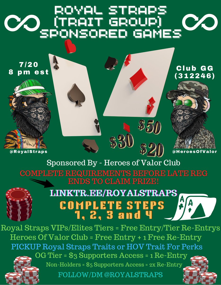 Jmoreen (@iamjmoreen) on Twitter photo ♠️♠️ GAME TIME IN 1 HOUR! ♠️♠️
We’re headed to the felt for the HoV Sponsored Poker Game
🕗 8PM EST Start
💰 $50 / $30 / $20 — Top 3 Paid
🎟️ Poker-Ticket Required
🛑 Late Reg = No Prize Eligibility
🔗 Follow Steps 1–4: linktr.ee/royalstraps
📍 Club GG (ID: 312246)
<a href="/RoyalStraps/">RoyalStraps</a> ♠️♠️ GAME TIME IN 1 HOUR! ♠️♠️
We’re headed to the felt for the HoV Sponsored Poker Game
🕗 8PM EST Start
💰 $50 / $30 / $20 — Top 3 Paid
🎟️ Poker-Ticket Required
🛑 Late Reg = No Prize Eligibility
🔗 Follow Steps 1–4: linktr.ee/royalstraps
📍 Club GG (ID: 312246)
<a href="/RoyalStraps/">RoyalStraps</a>