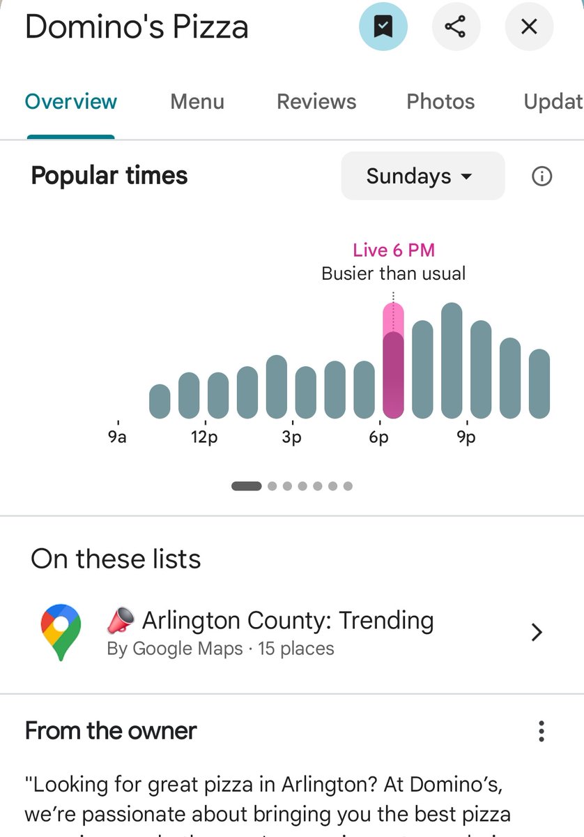 PenPizzaReport's tweet image. The closest Dominos and Papa Johns to the Pentagon are experiencing slightly above average traffic.
As of 6:50pm ET