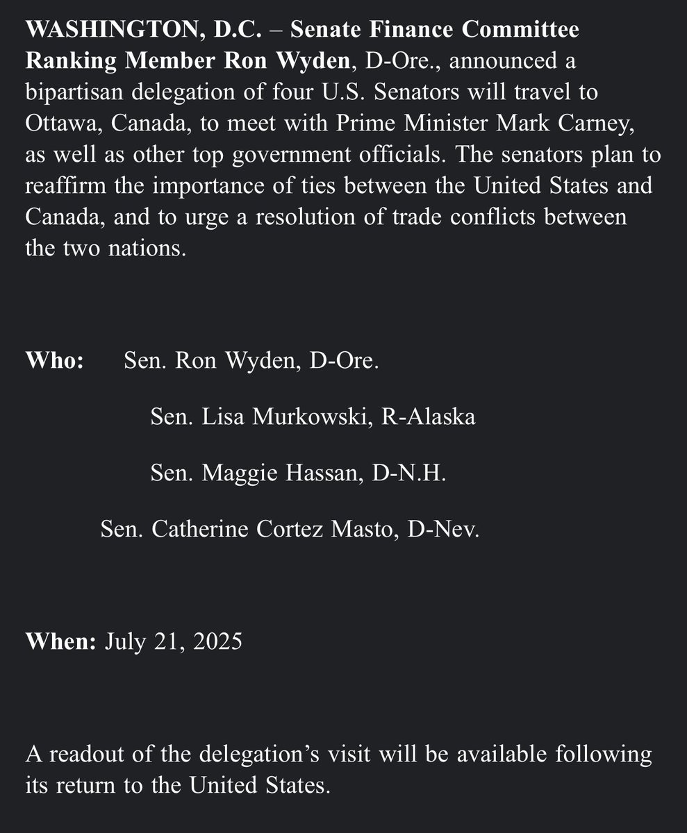 AndrewDesiderio's tweet image. Another bipartisan group heading to Canada to try to cool tensions amid trade war. They’ll meet with PM Carney
This time it’s 3 Dems (Wyden, Hassan, CCM) and 1 Republican (Murkowski)
Murkowski was one of just a few R’s who voted to overturn Trump’s Canada tariffs