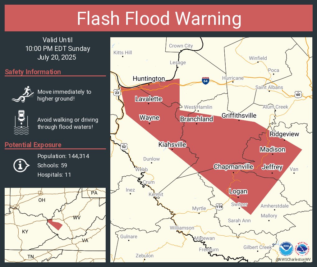NWSCharlestonWV's tweet image. Flash Flood Warning including Huntington WV, Barboursville WV and Kenova WV until 10:00 PM EDT