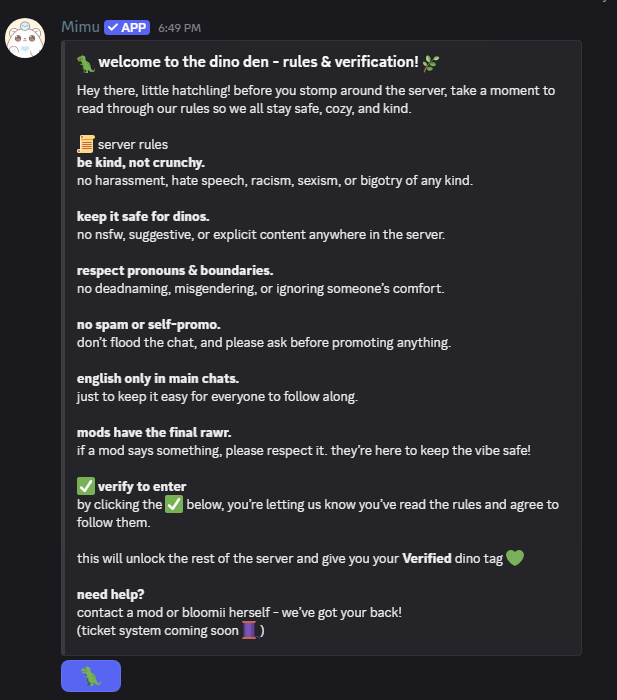 xbloomii's tweet image. rules & verification are all set up in the dino den!! โ
๐ฆ
next up: roles!! once those are finished, we might be ready to open the gates and let the dinos roam free ๐๐ฆด
iโm so excited to share this cozy lil space with you all soon!!
