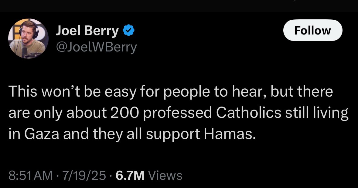 LostMyHats's tweet image. The outrage over this has centered on whether or not Catholics are Christians and whether or not they support Hamas.
That’s not the issue.
The issue is that evangelical warmongers act as though civilian casualties are acceptable if they “support” the enemy. But traditional…
