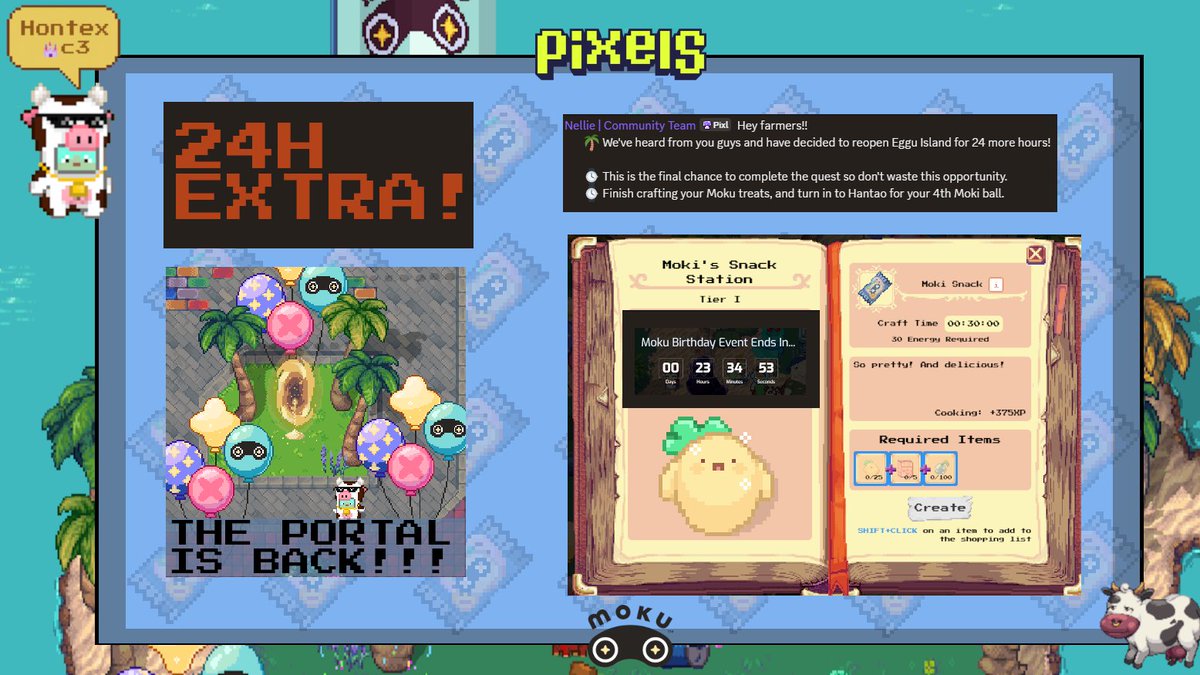 Hontex_'s tweet image. You didn’t have time to craft the last Moki Snacks??? 😱🍘 HURRY! 🏃💨 They’ve extended the Moki’s birthday quest another 24 hours! ⏳🎉