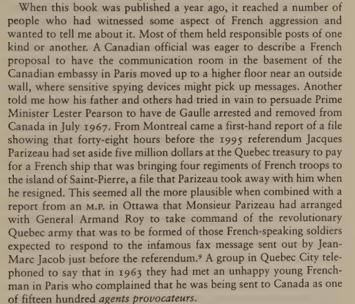 Peter_Nimitz's tweet image. Supposedly Quebec's Premier Parizeau arranged for four regiments of French troops to be stationed in Saint Pierre (island south of Newfoundland) in event of a successful Quebec sovereignty referendum in 1995. They would have reinforced the new Quebec Army led by Armand Roy.
