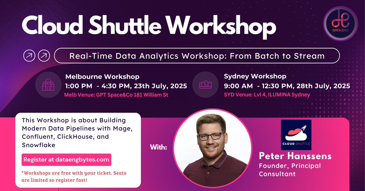Community, some top-notch hands-on workshops are lined up at DataEngBytes. If you’ve got your ticket, don’t forget to register your spot!

Sydney: forms.gle/M1CmvAXHyp9h41…
Melbourne: forms.gle/YHoaFG2JssmFX1…