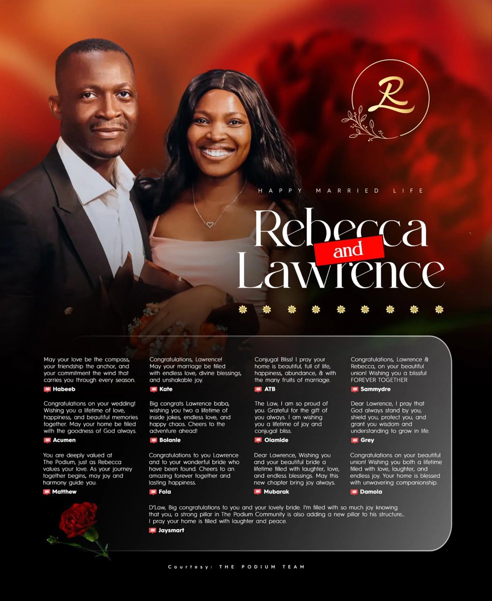 THE PODIUM (@thepodium_ng) on Twitter photo Dear Lawrence <a href="/LawAjayi1/">Lawrence 🇳🇬🇺🇸</a>,
The Podium family wishes you a happy married life, as you embark on this new chapter in your life.
We're grateful to have you as part of our family, and we're excited to see the incredible things you'll achieve in this new phase of your life.
May Dear Lawrence <a href="/LawAjayi1/">Lawrence 🇳🇬🇺🇸</a>,
The Podium family wishes you a happy married life, as you embark on this new chapter in your life.
We're grateful to have you as part of our family, and we're excited to see the incredible things you'll achieve in this new phase of your life.
May