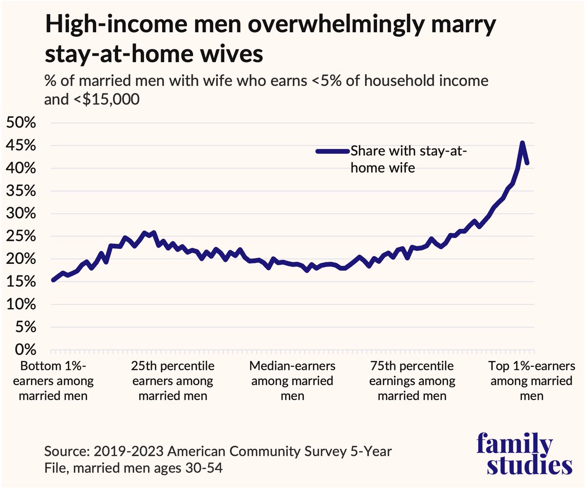 FamStudies's tweet image. There's a correlation between high-income husbands and wives who choose to stay home. For married men in the bottom percent of income, about 15-20% of their wives are stay-at-home wives. But for men in the top 5%, about 40% of wives stay home. ifstudies.org/blog/high-stat……