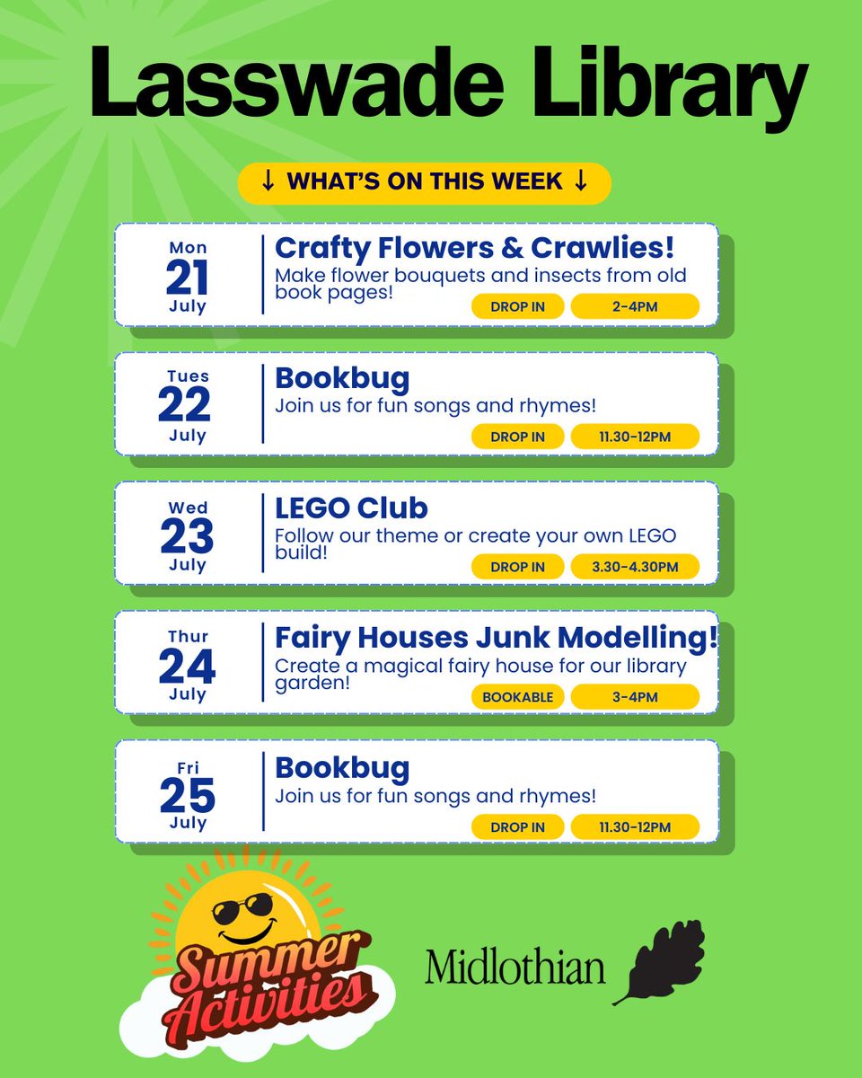 What's on at #Lasswade Library this week: 🌱📚

Crafty Flowers &amp; Creepy Crawlies, Fairy Houses, Bookbug and #LEGO! 

For more information about our library activities over the summer holidays, visit: ow.ly/QCEZ50WihIZ